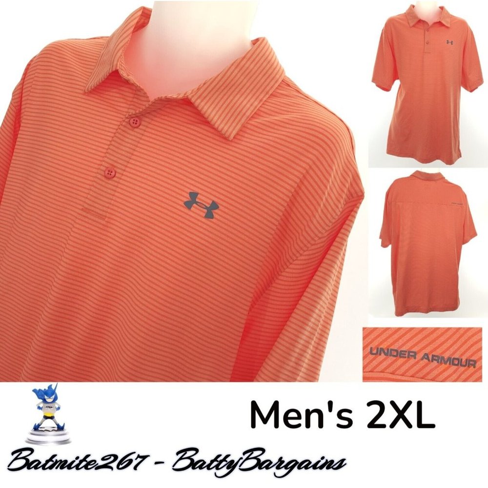 UA HeatGear Golf Mens XXL Orange Stripe Stretch Lightweight S/S Polo Shirt 2XL